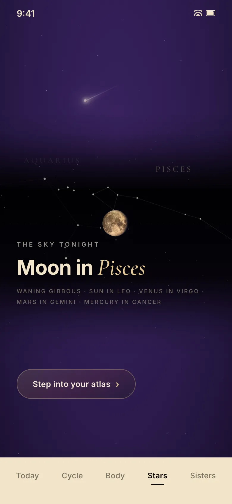 The sky tonight: the real moon in Pisces among named constellations, and the door into her living atlas